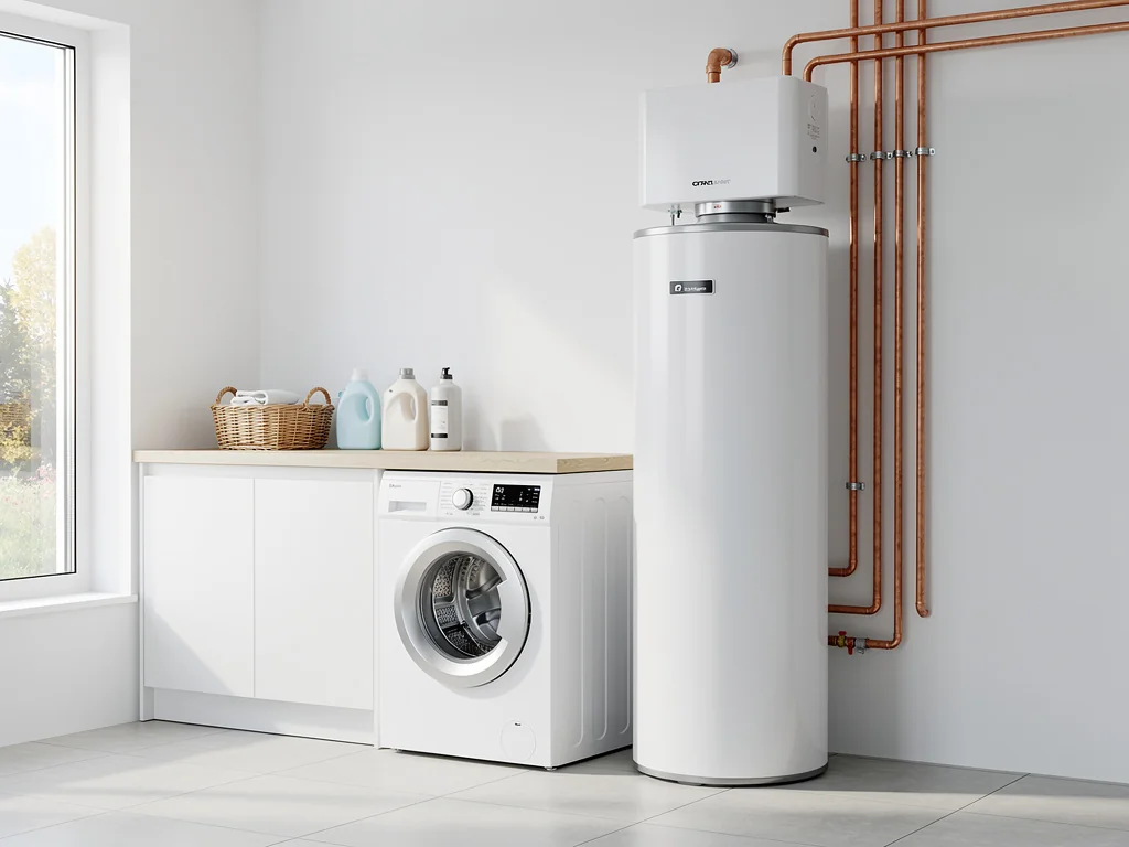 Chauffe-eau thermodynamique posé dans une buanderie, raccordé à l'eau chaude sanitaire