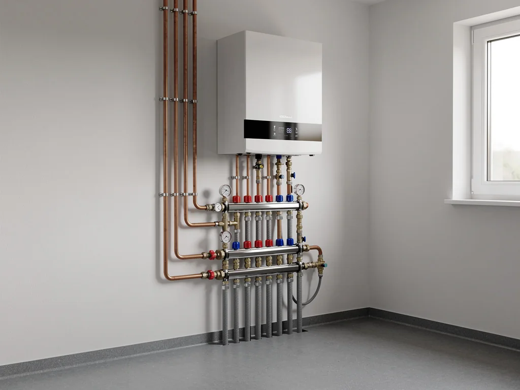 Module intérieur d'une pompe à chaleur air/eau relié au circuit de chauffage